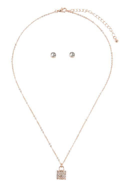Gold lock Pendant With Stud Earrings Set