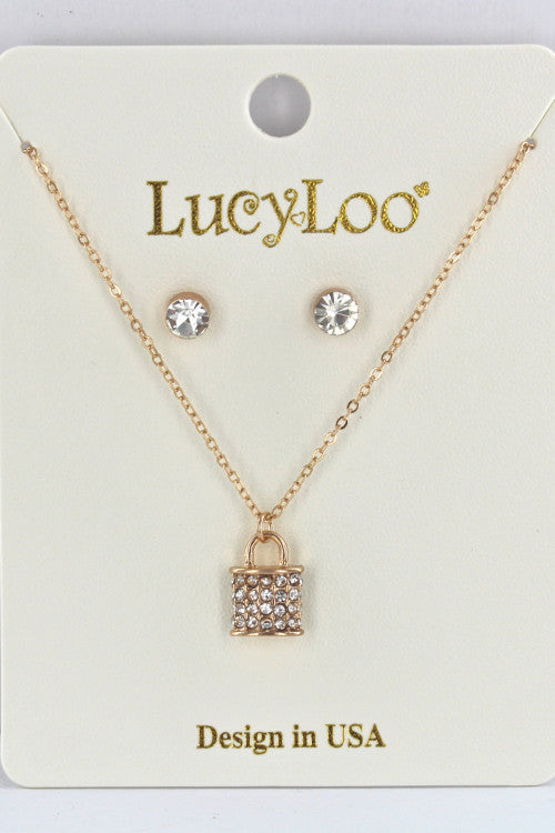 Gold lock Pendant With Stud Earrings Set