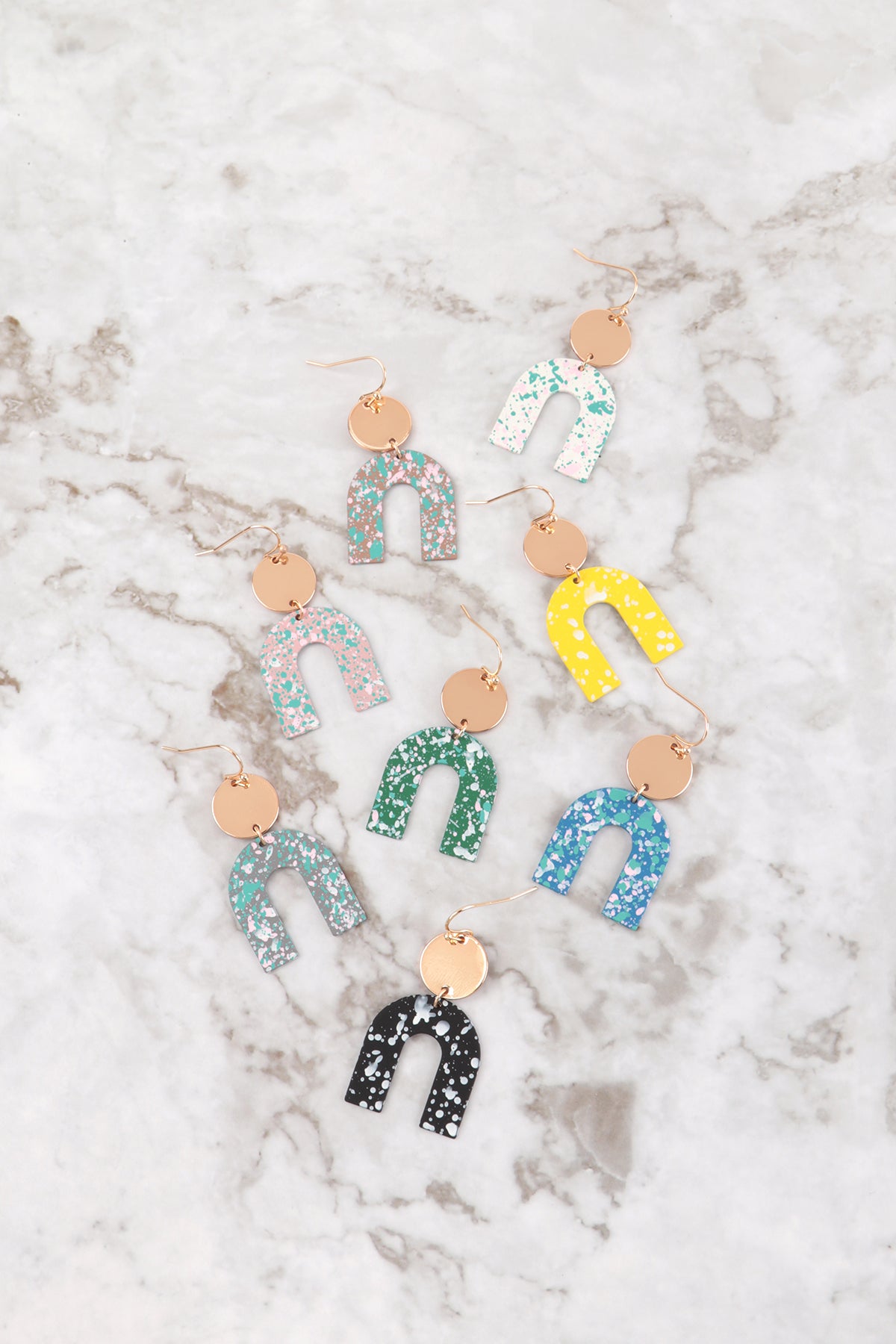 Upside Down Splatter Print Drop Fish Hook Earrings Matte Gold Blue