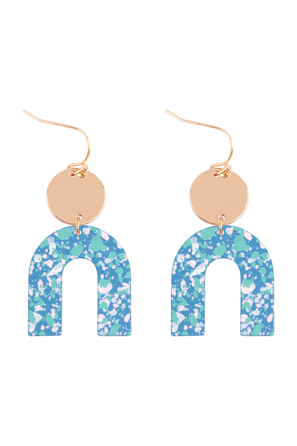 Upside Down Splatter Print Drop Fish Hook Earrings Matte Gold Blue