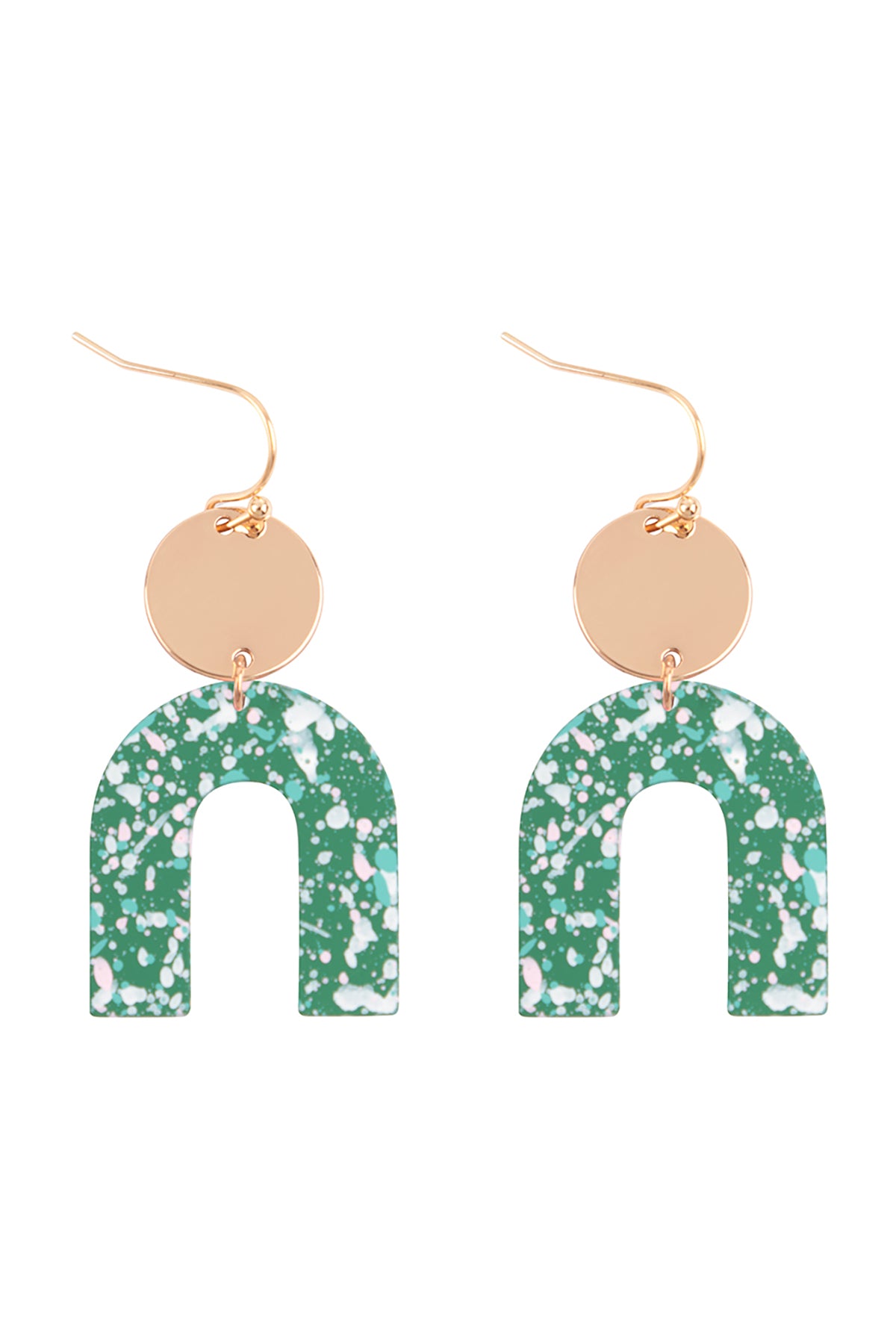 Upside Down Splatter Print Drop Fish Hook Earrings Matte Gold Blue