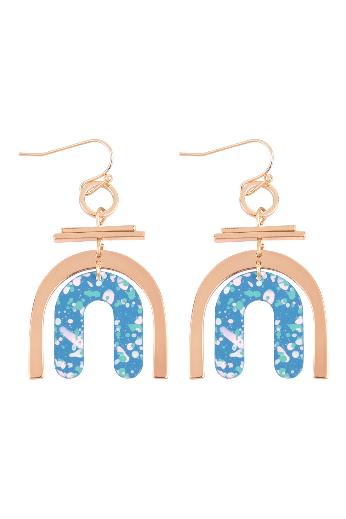 U Upside Down Layered Acrylic Print Drop Fish Hook Earrings Gold Blue