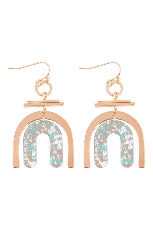 U Upside Down Layered Acrylic Print Drop Fish Hook Earrings Gold Blue