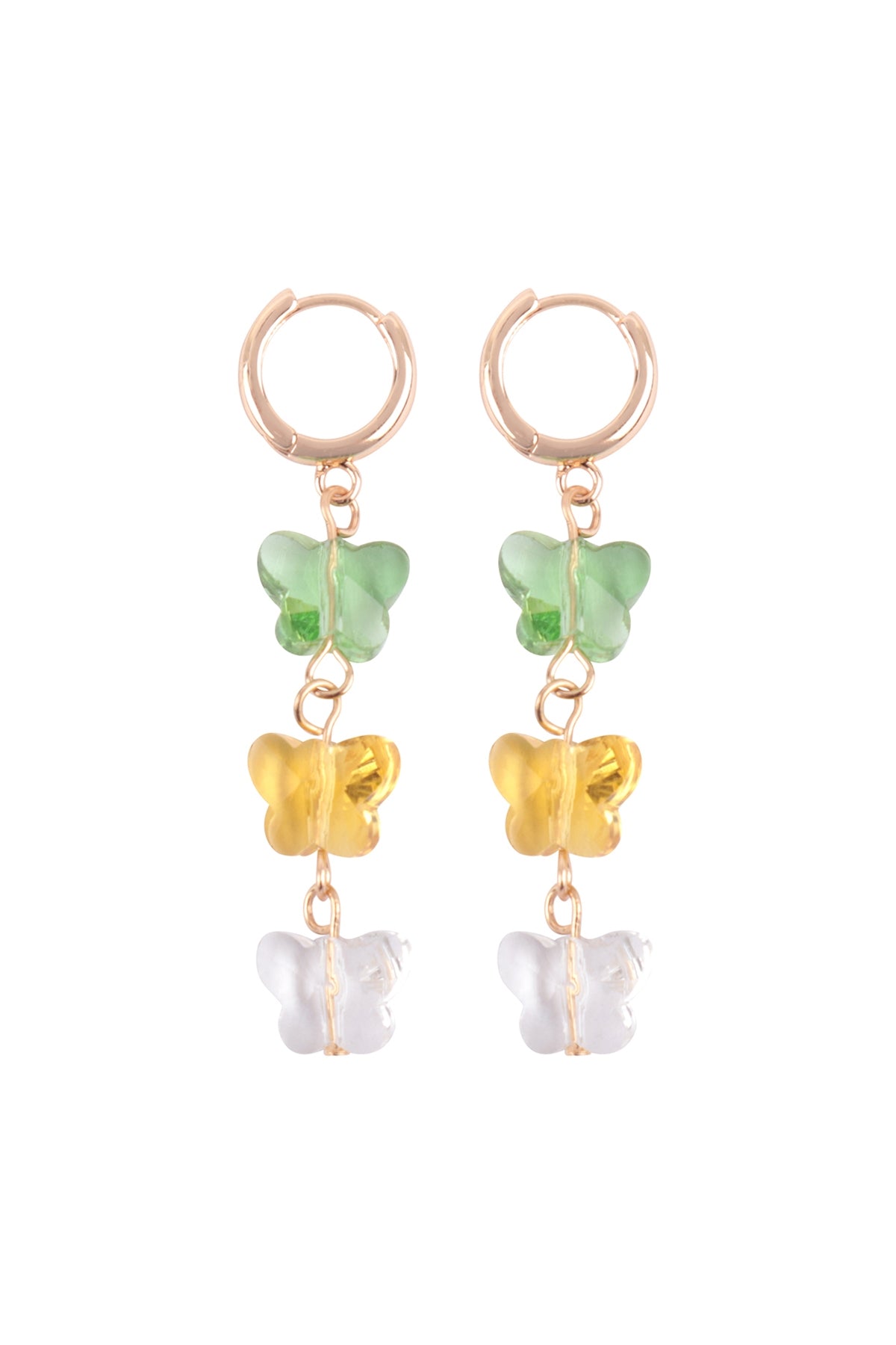3 Glass Butterfly Drop Hoop Earrings