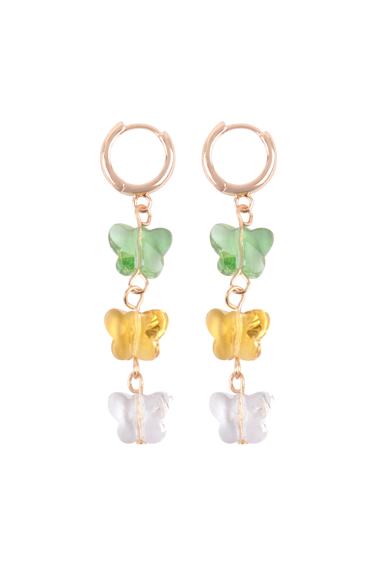 3 Glass Butterfly Drop Hoop Earrings