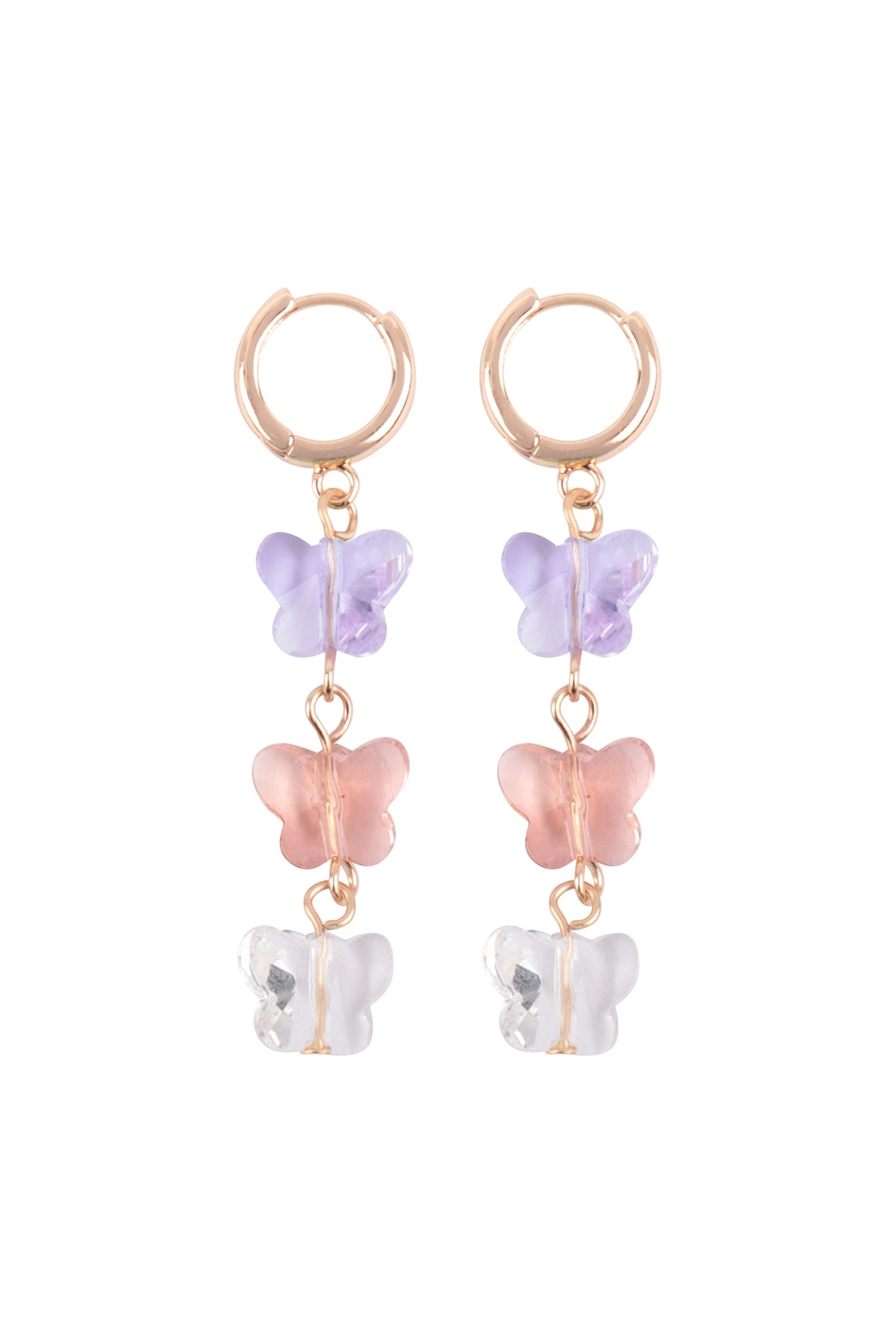 3 Glass Butterfly Drop Hoop Earrings