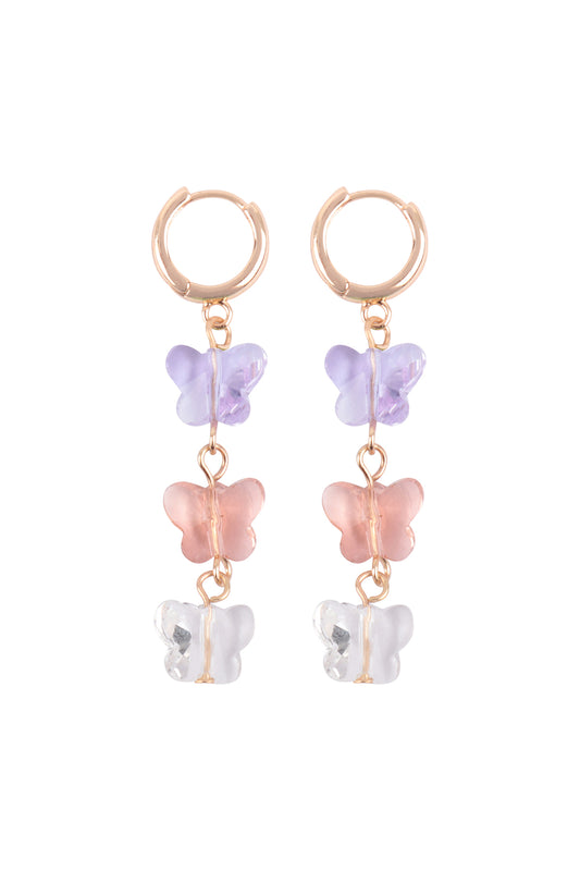 3 Glass Butterfly Drop Hoop Earrings