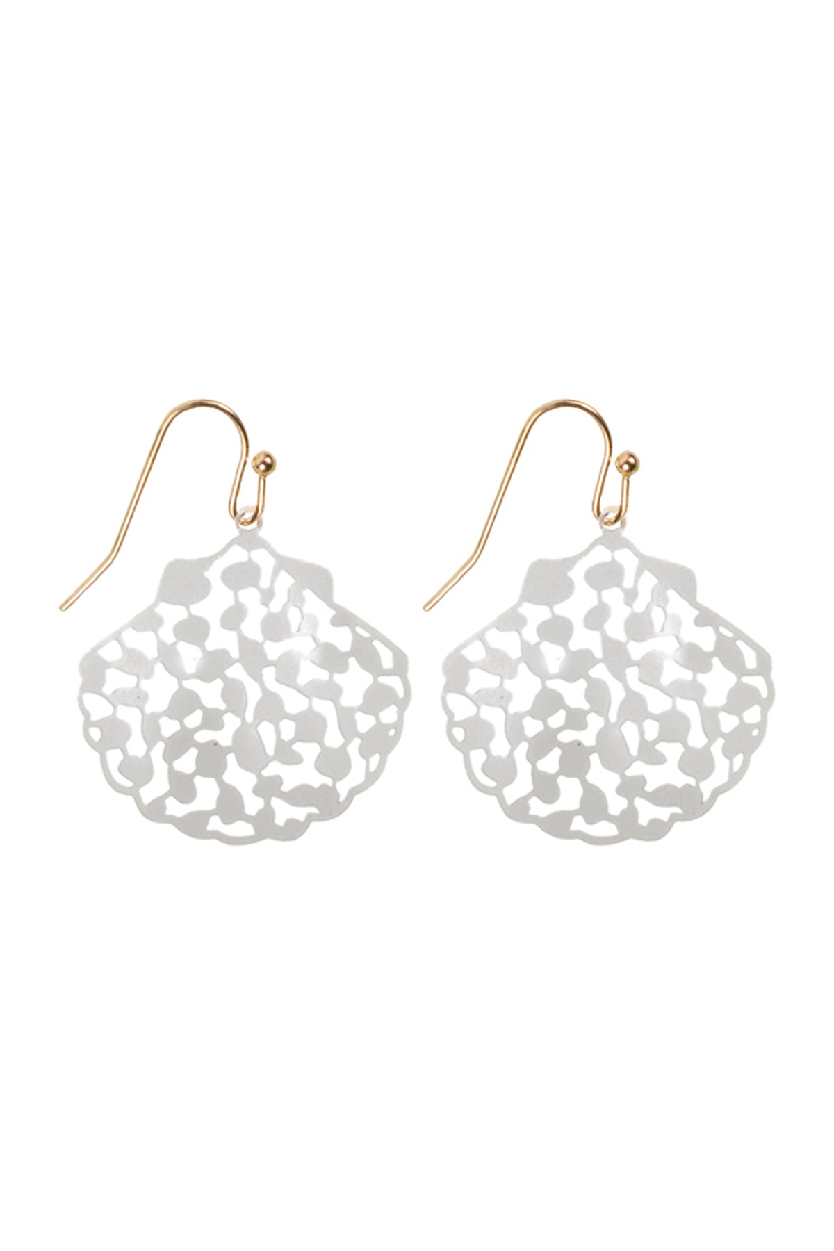 Filigree Shell Fish Hook Earrings Matte Gold White
