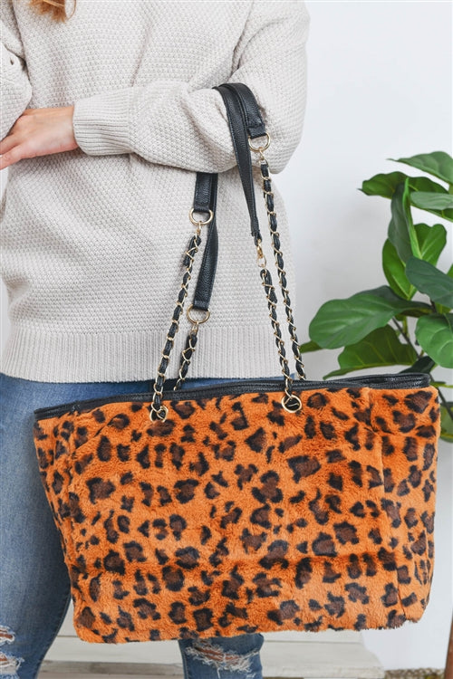 Leopard Faux Fur With Adjustable Handle Tote Bag