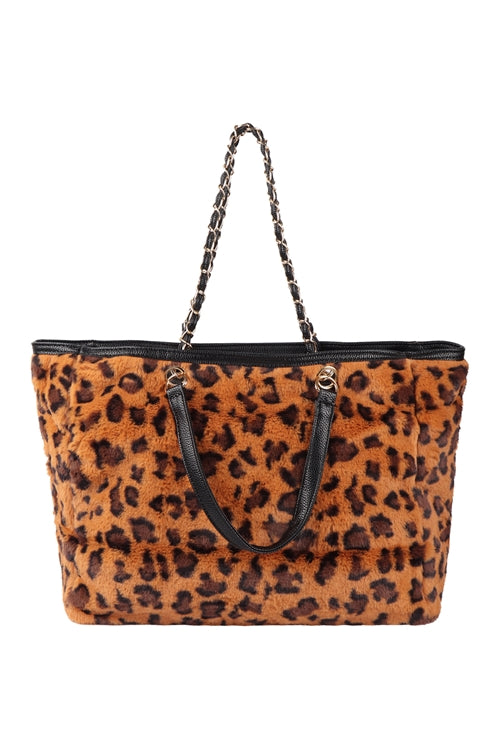 Leopard Faux Fur With Adjustable Handle Tote Bag
