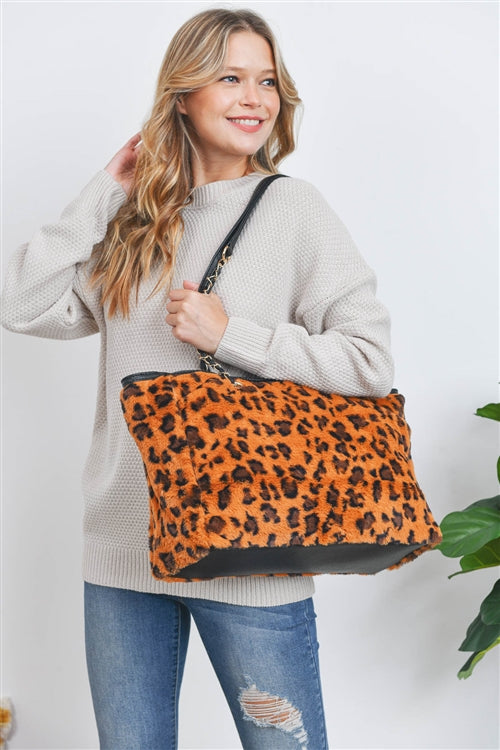 Leopard Faux Fur With Adjustable Handle Tote Bag