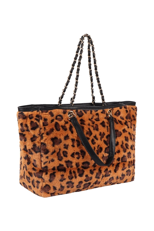 Leopard Faux Fur With Adjustable Handle Tote Bag