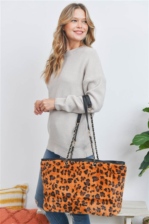Leopard Faux Fur With Adjustable Handle Tote Bag