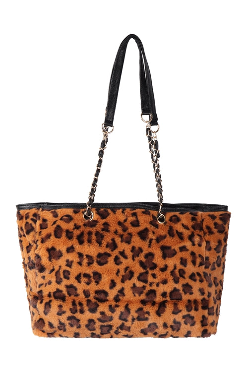Leopard Faux Fur With Adjustable Handle Tote Bag