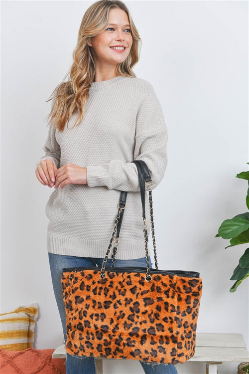 Leopard Faux Fur With Adjustable Handle Tote Bag