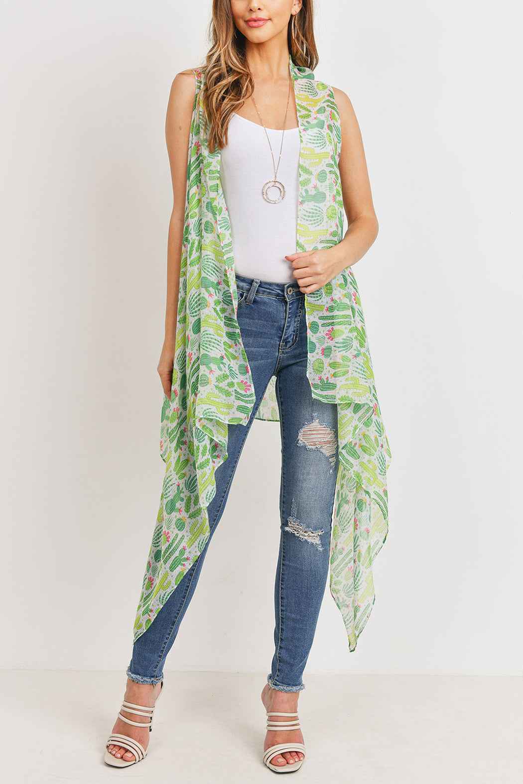 Green Cactus long Open front Kimono Vest