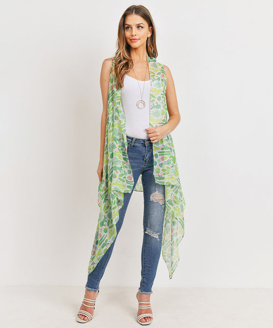 Green Cactus long Open front Kimono Vest