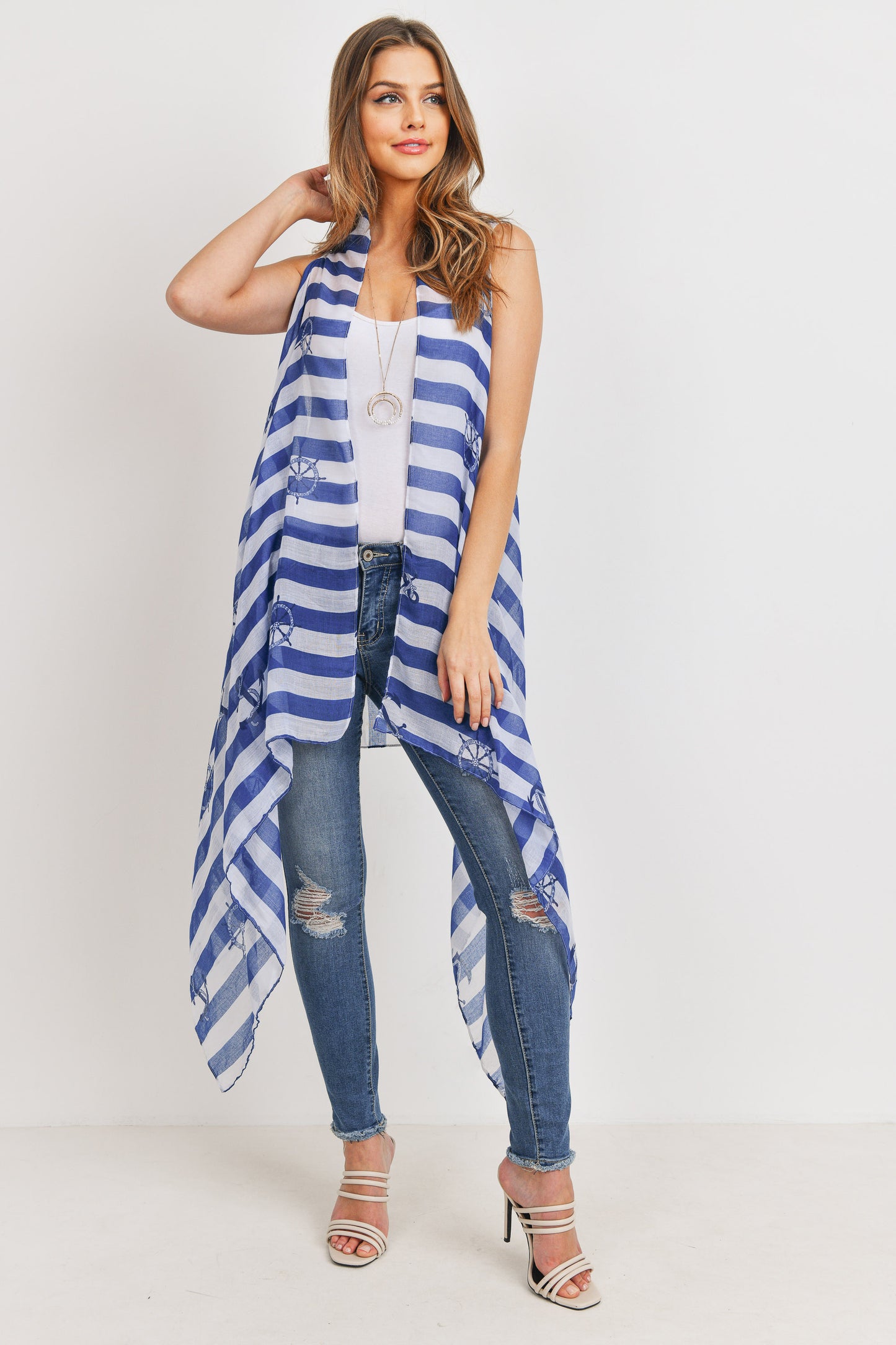 Printed Stripe Blue Sheep Wheel Kimono Vest