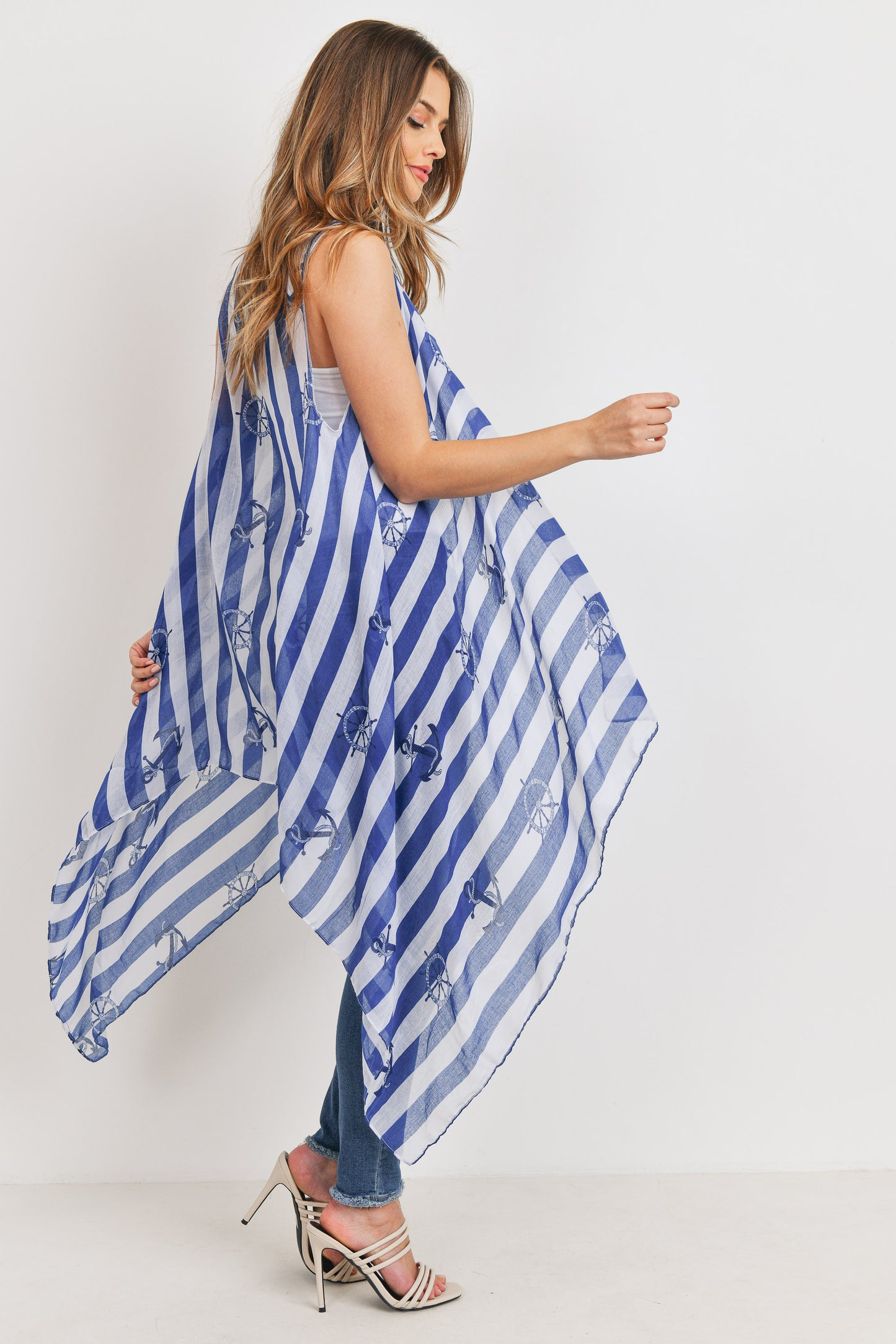 Printed Stripe Blue Sheep Wheel Kimono Vest