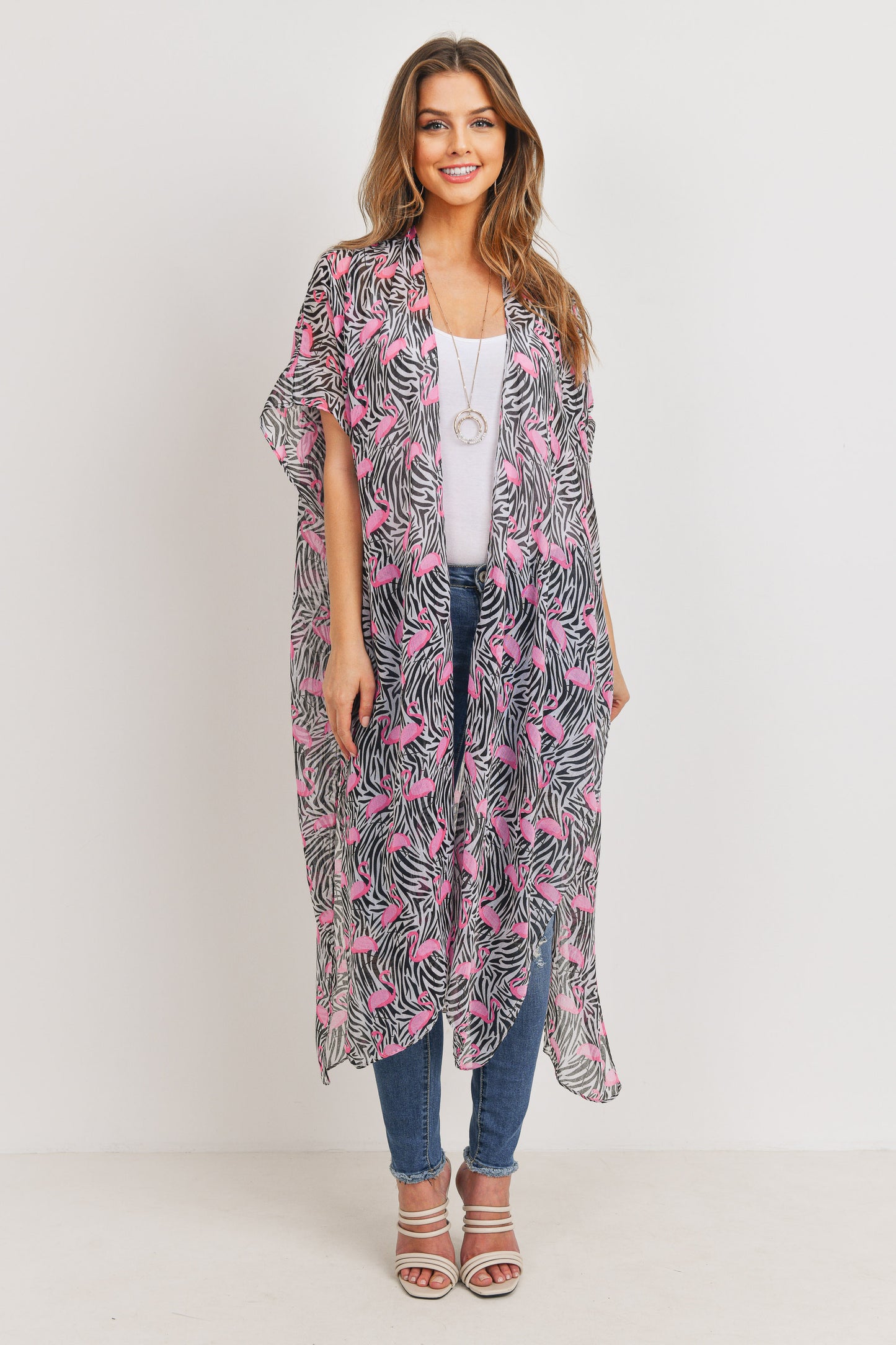 Long Open front Printed Flamingo Kimono