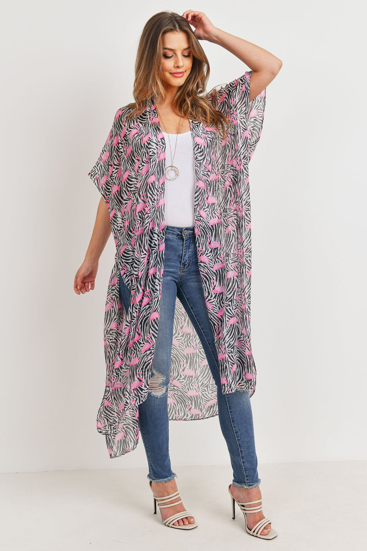 Long Open front Printed Flamingo Kimono