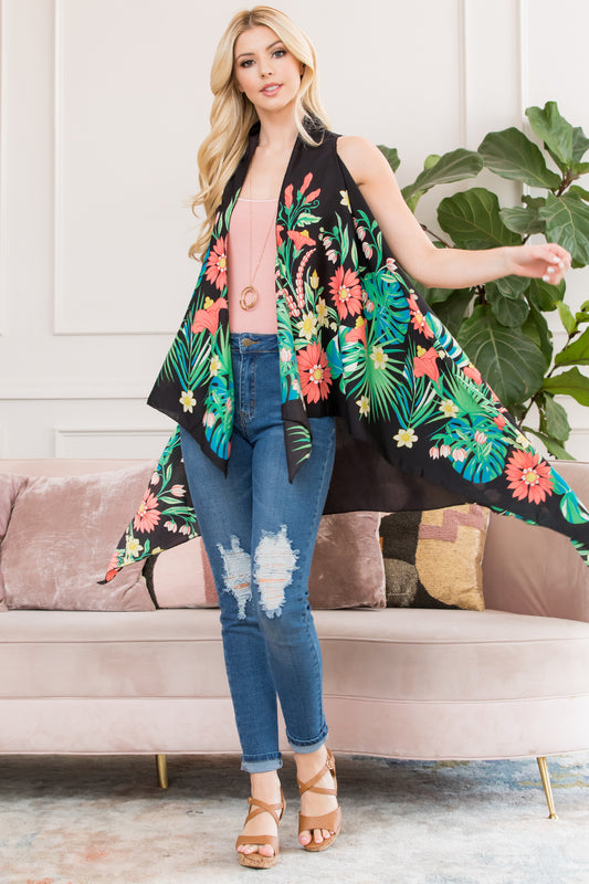 Summer's Fashionable Floral Print Open Sleeveless Kimono