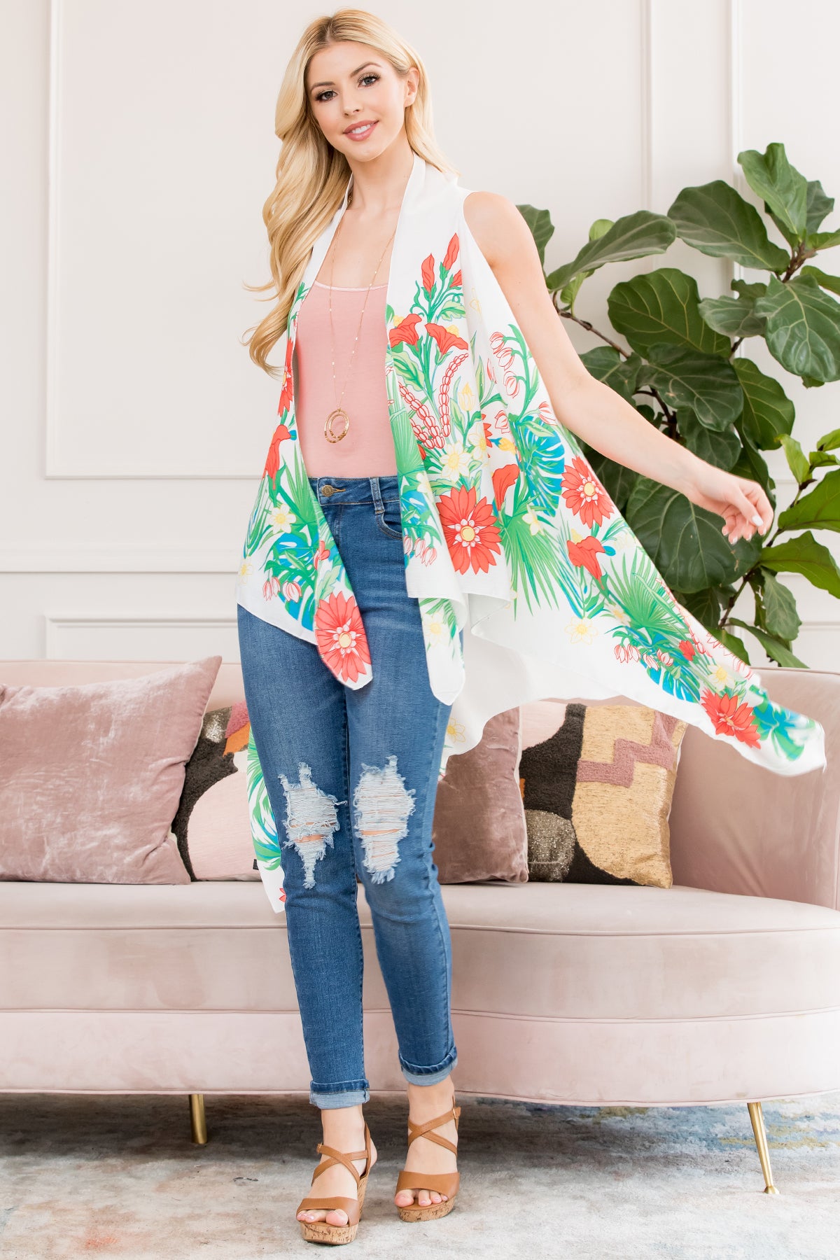 Summer's Fashionable Floral Print Open Sleeveless Kimono