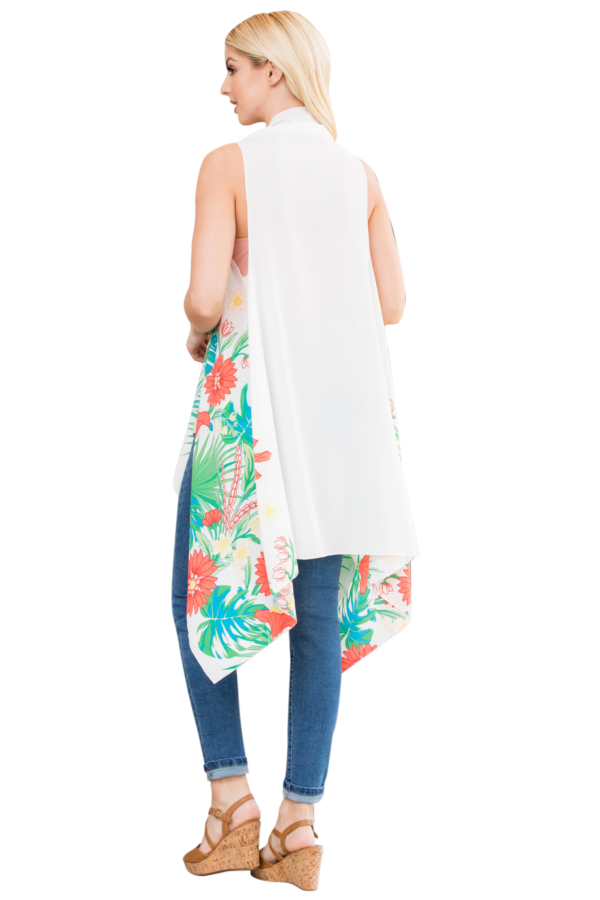 Summer's Fashionable Floral Print Open Sleeveless Kimono