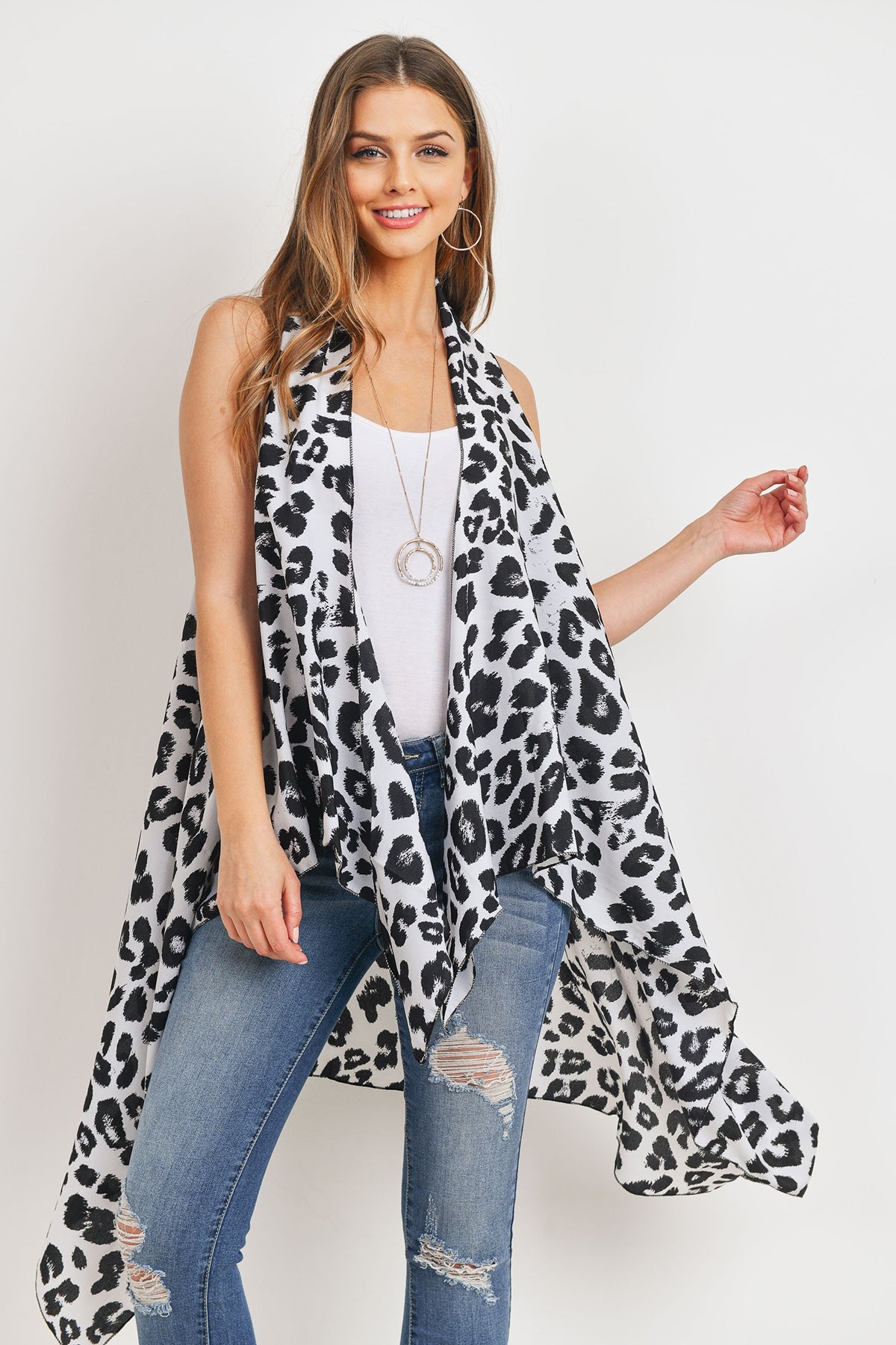 Open Front Leopard Print Kimono Vest