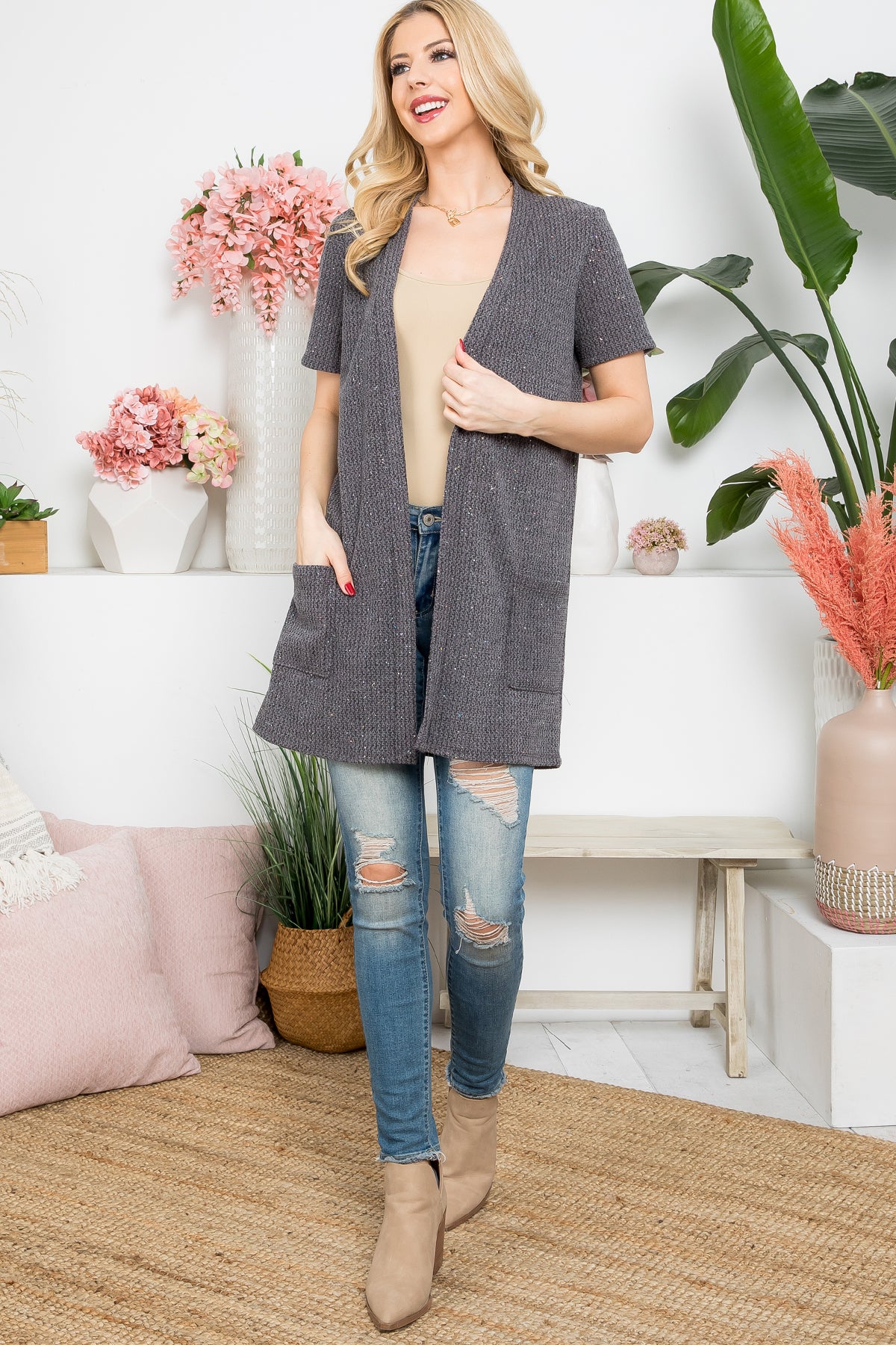 Short Sleeve Open Front Cardigan with Side Pockets