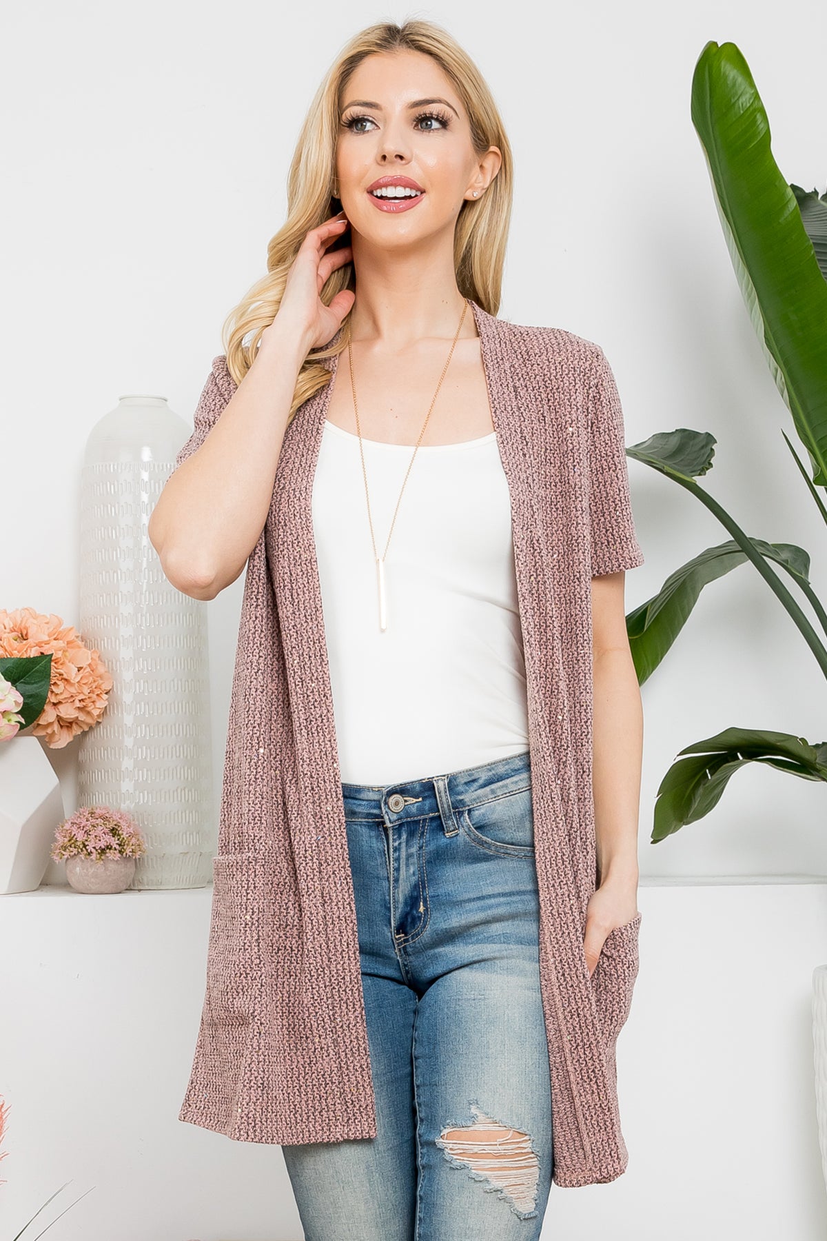 Short Sleeve Open Front Cardigan with Side Pockets