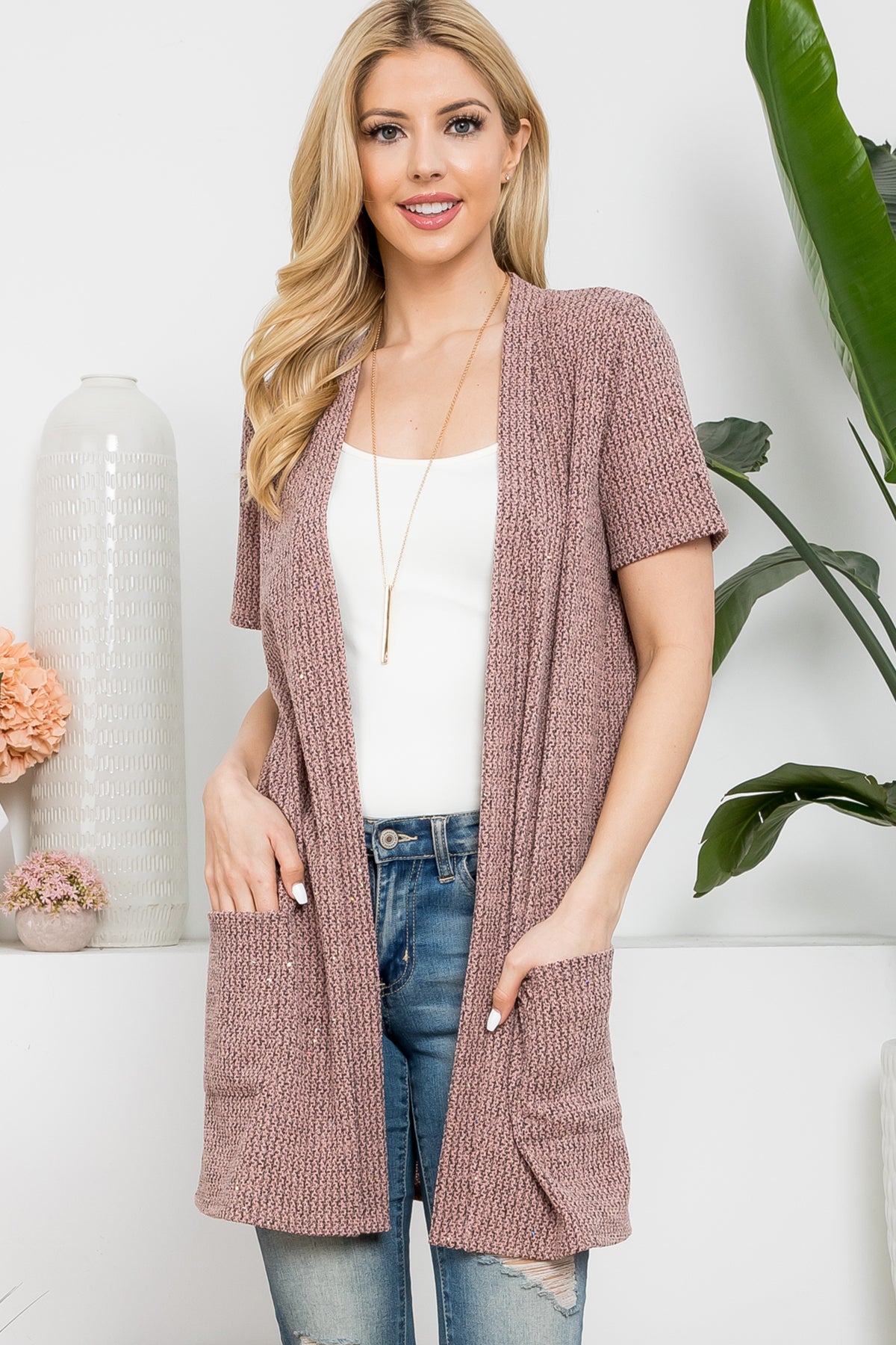 Short Sleeve Open Front Cardigan with Side Pockets