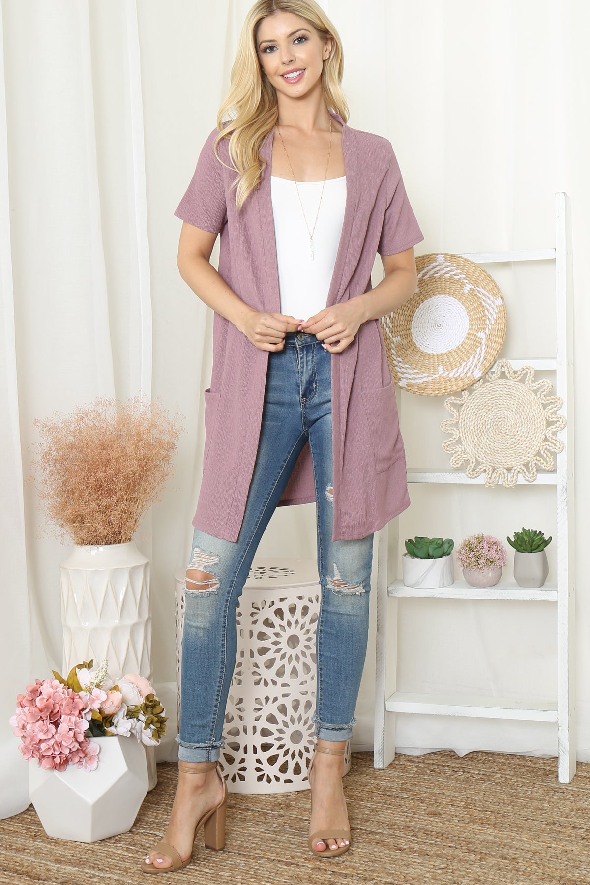 Crinkled Short Sleeve Pocket Cardigan