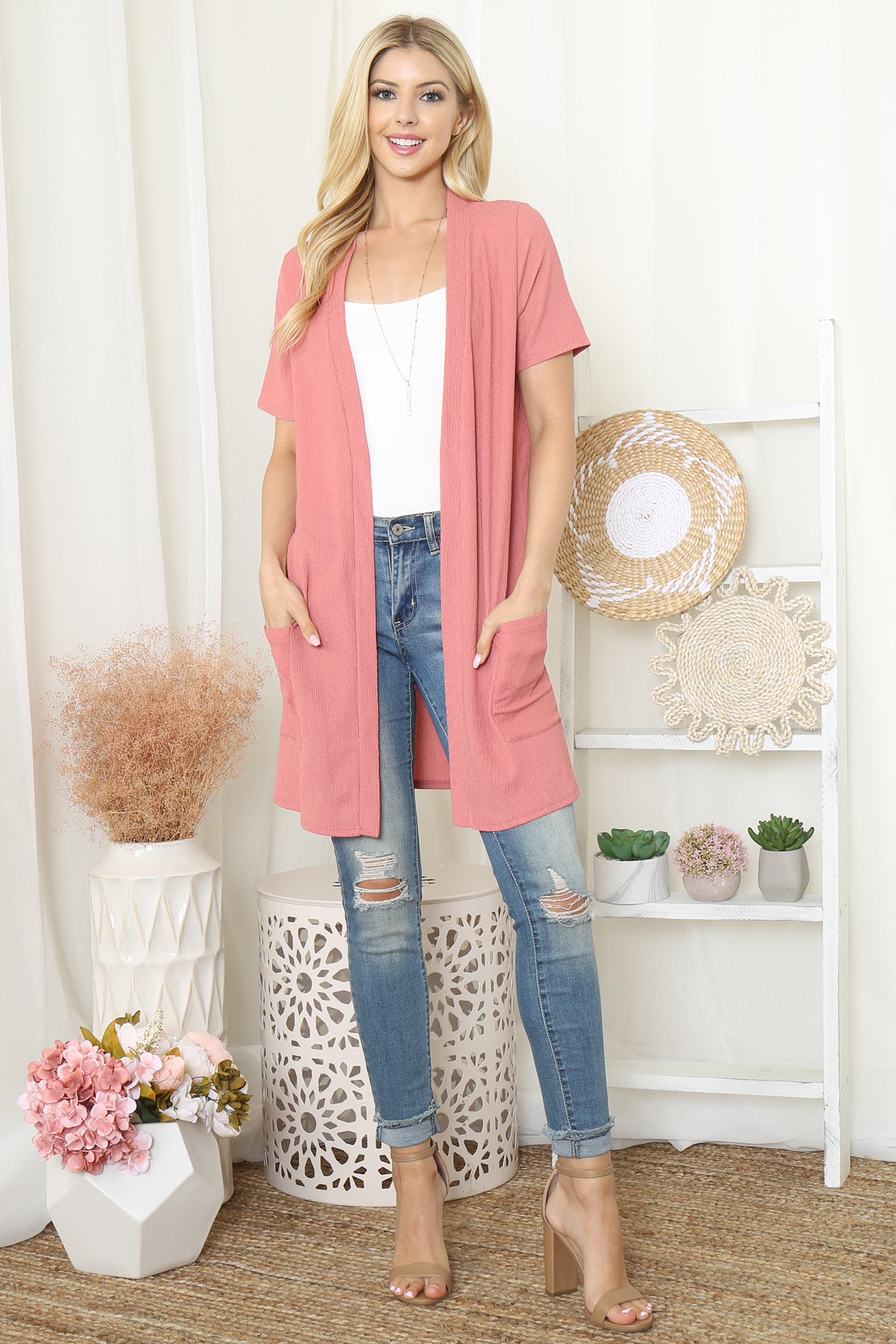 Crinkled Short Sleeve Pocket Cardigan
