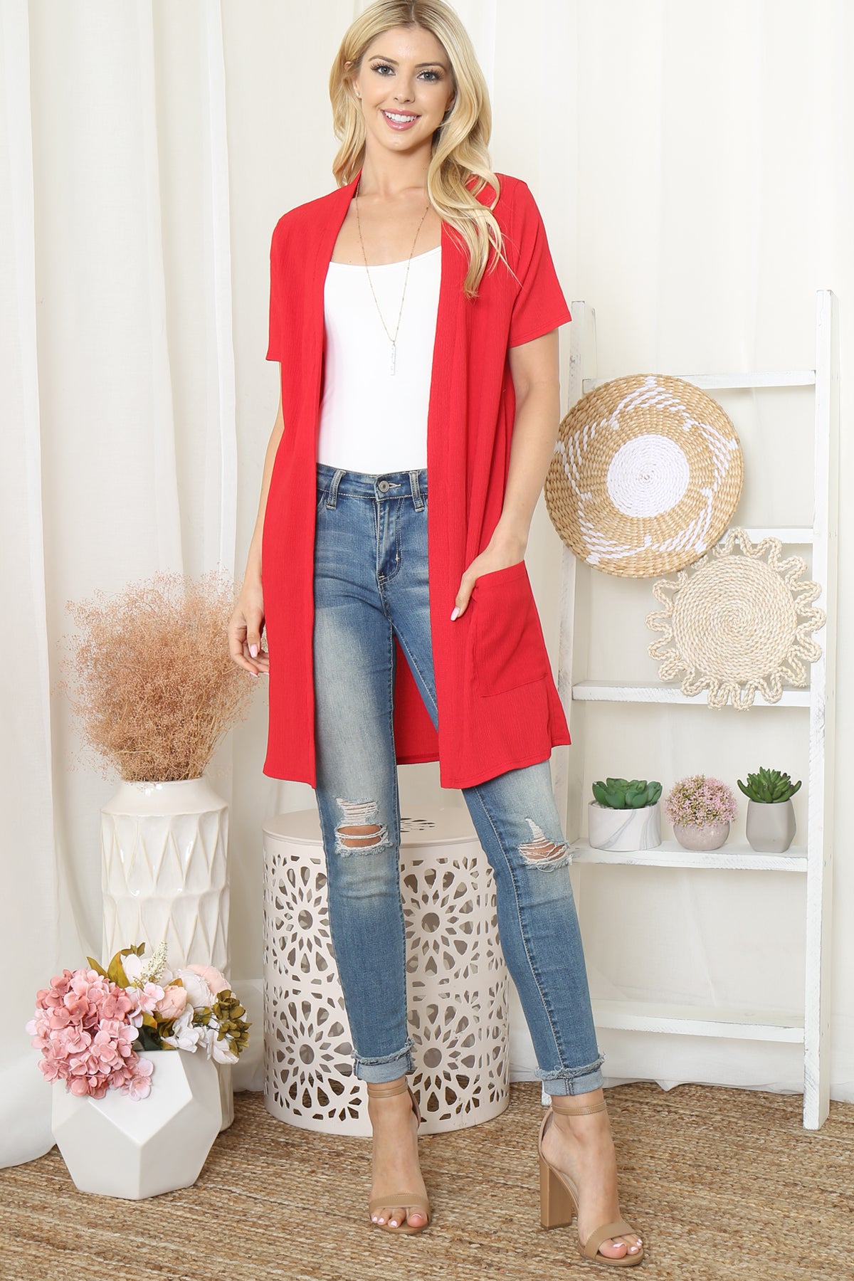 Crinkled Short Sleeve Pocket Cardigan