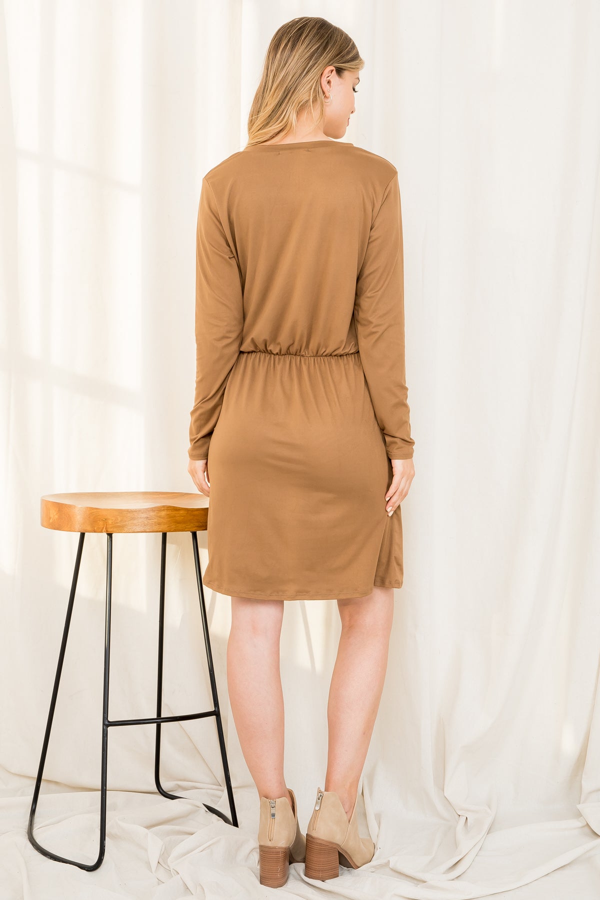 Plus Size Elastic Waist Long Sleeve Solid Dress