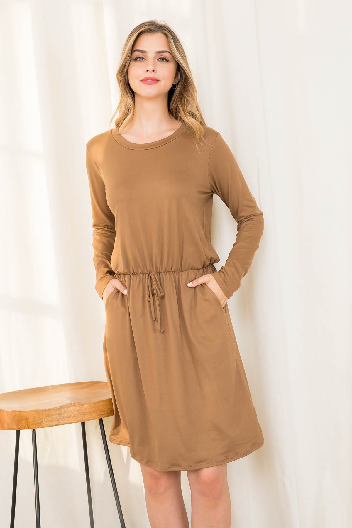 Plus Size Elastic Waist Long Sleeve Solid Dress