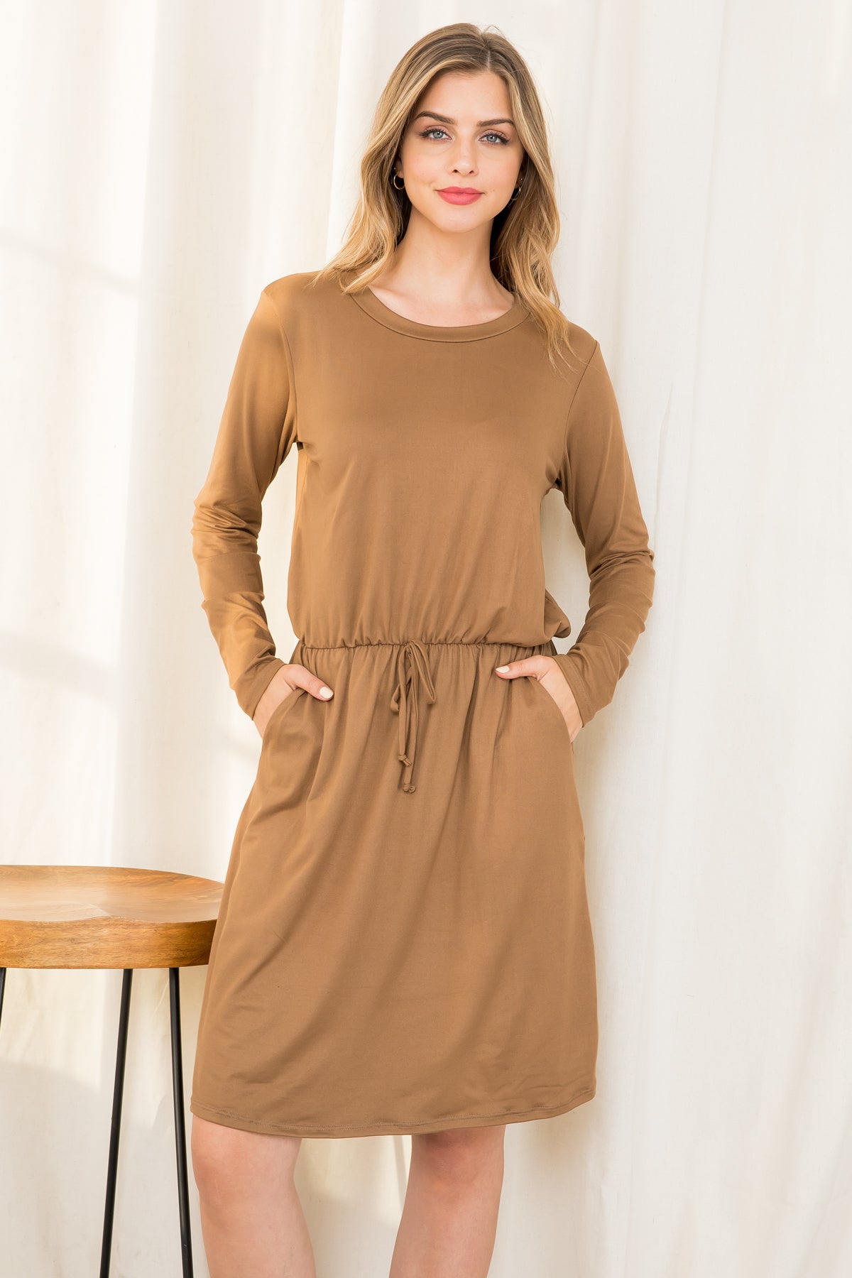 Plus Size Elastic Waist Long Sleeve Solid Dress