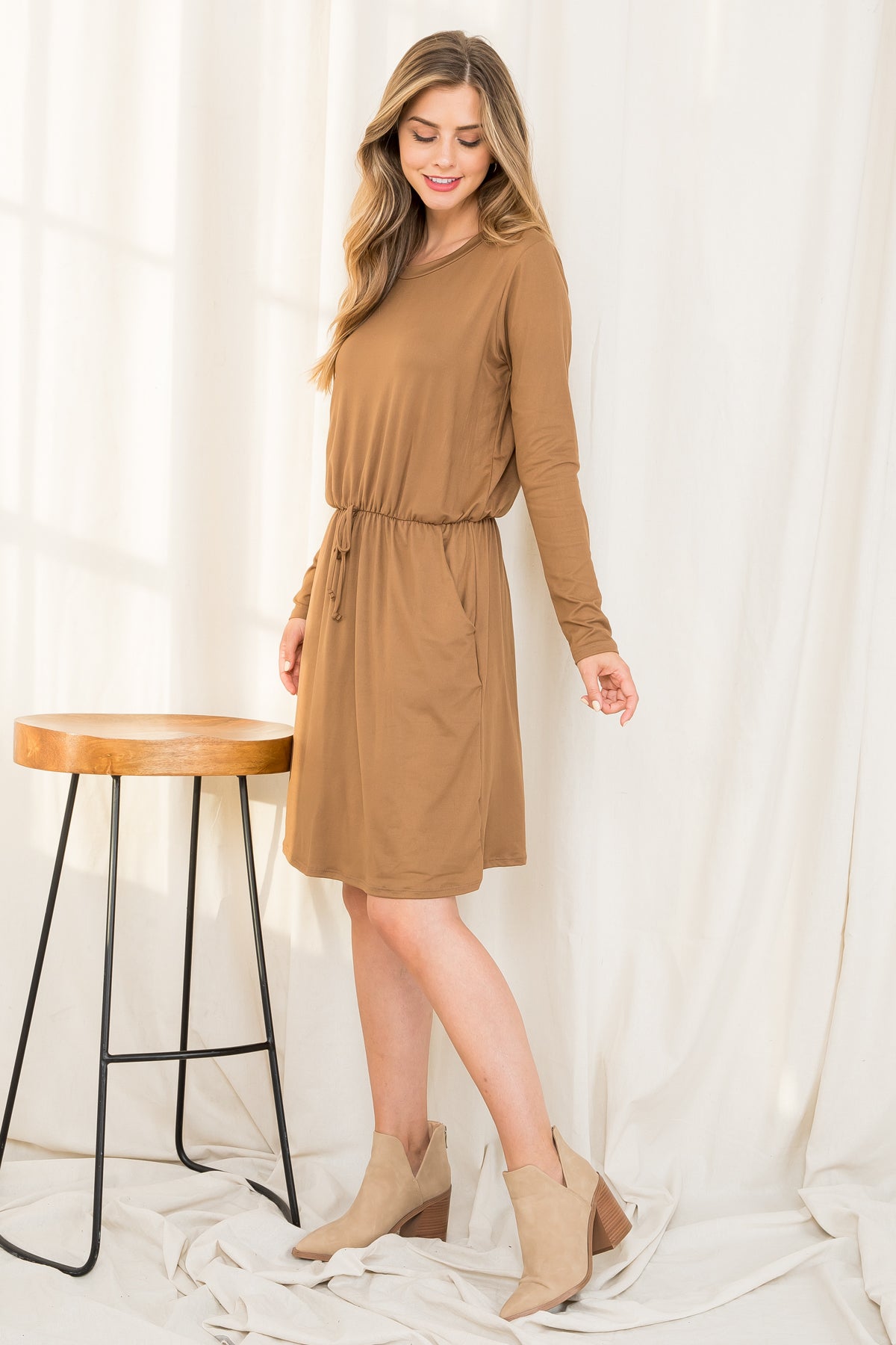Plus Size Elastic Waist Long Sleeve Solid Dress