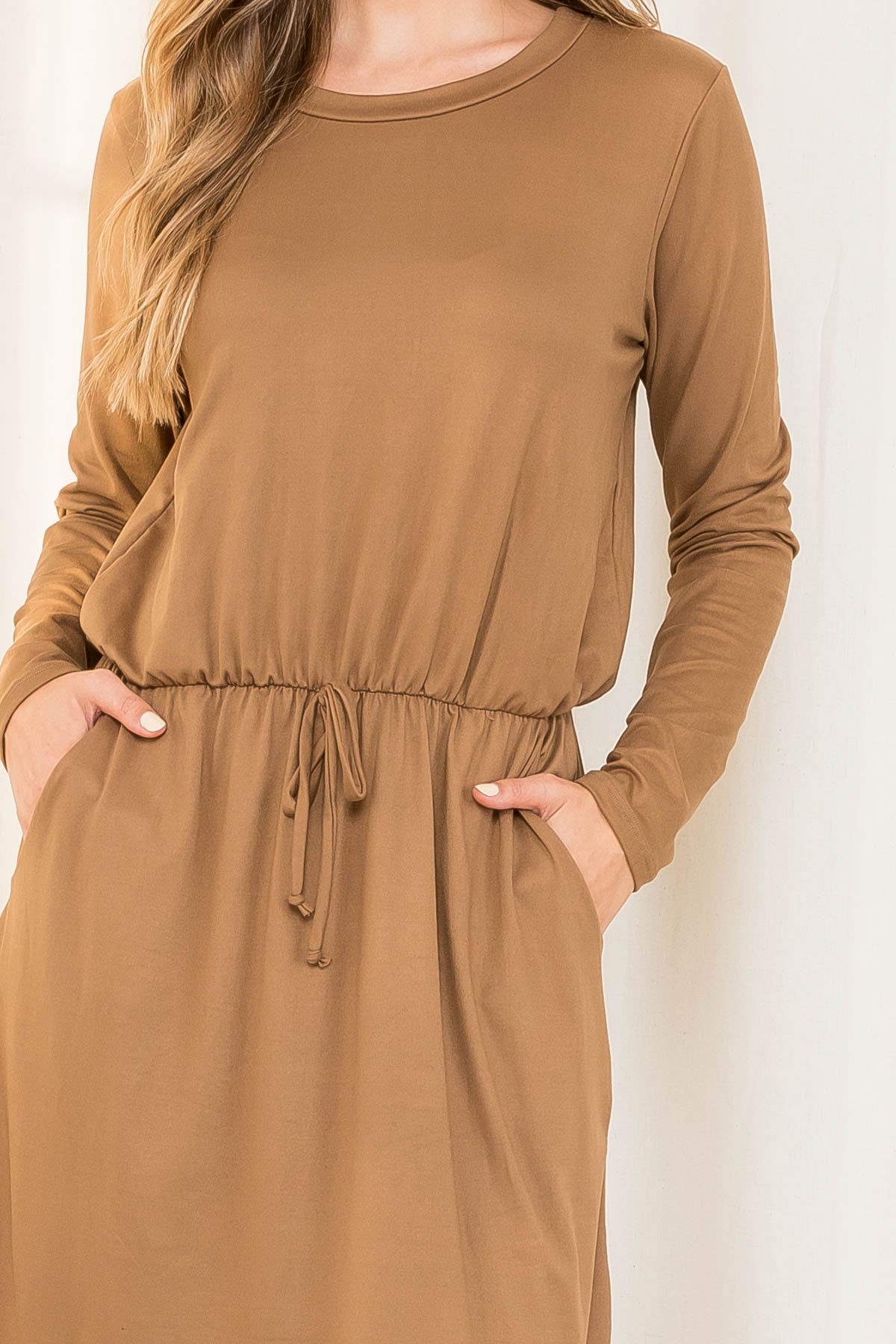 Plus Size Elastic Waist Long Sleeve Solid Dress