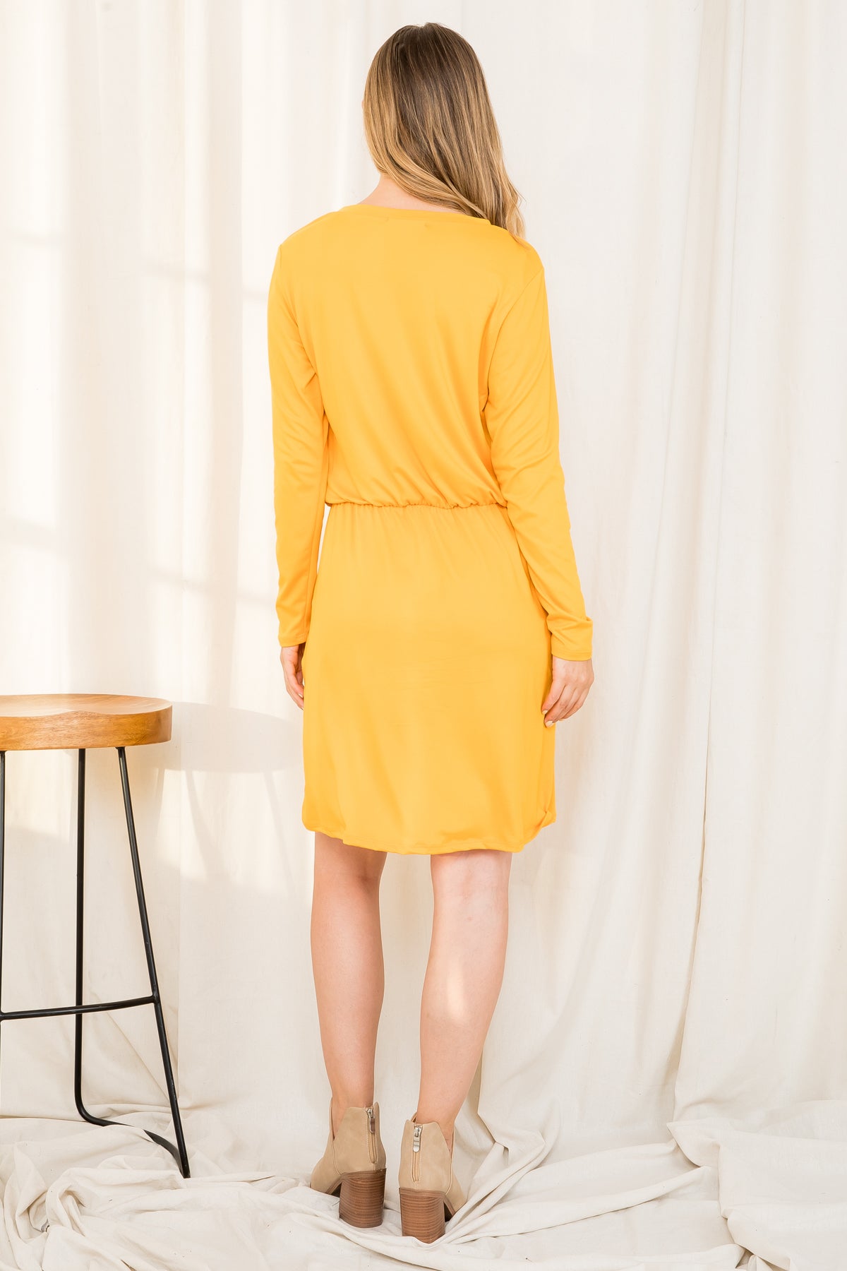 Elastic Waist Ribbon Detail Long Sleeve Solid Dress