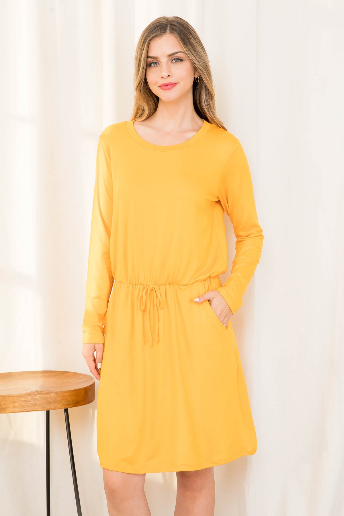 Elastic Waist Ribbon Detail Long Sleeve Solid Dress