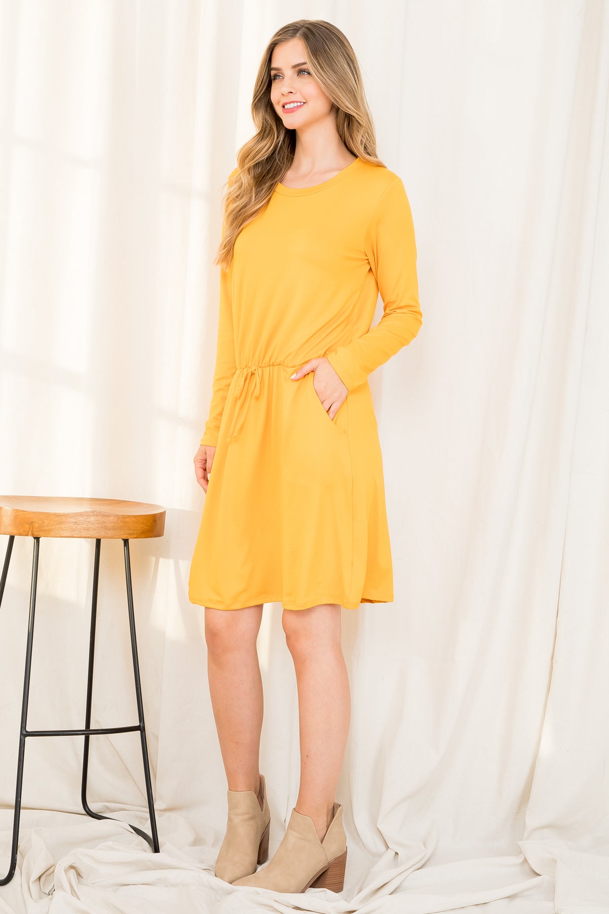 Elastic Waist Ribbon Detail Long Sleeve Solid Dress