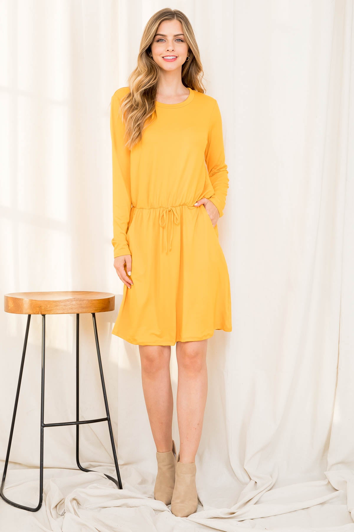 Plus Size Elastic Waist Long Sleeve Solid Dress