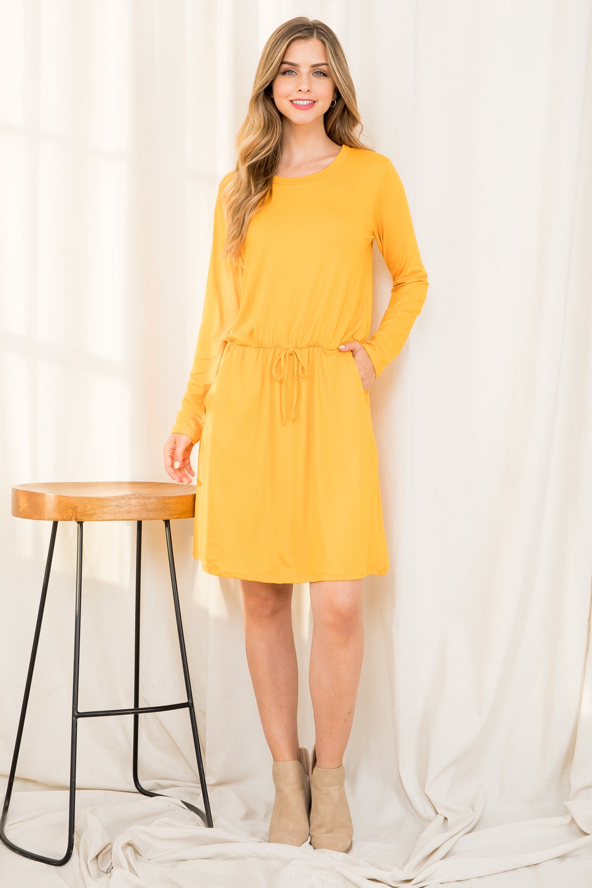 Plus Size Elastic Waist Long Sleeve Solid Dress
