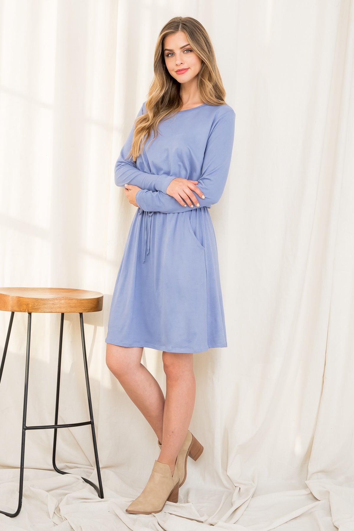 Plus Size Elastic Waist Long Sleeve Solid Dress