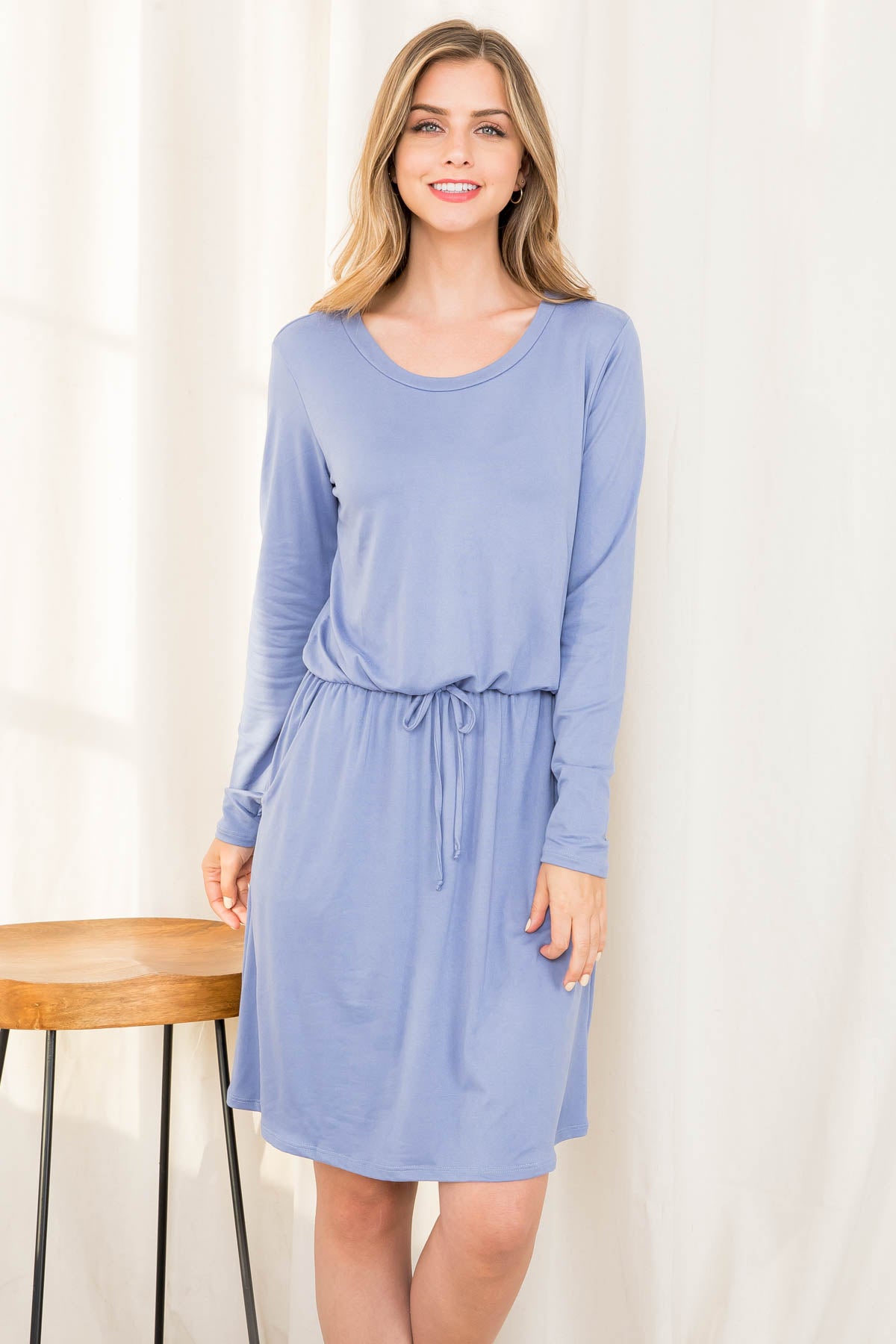 Plus Size Elastic Waist Long Sleeve Solid Dress