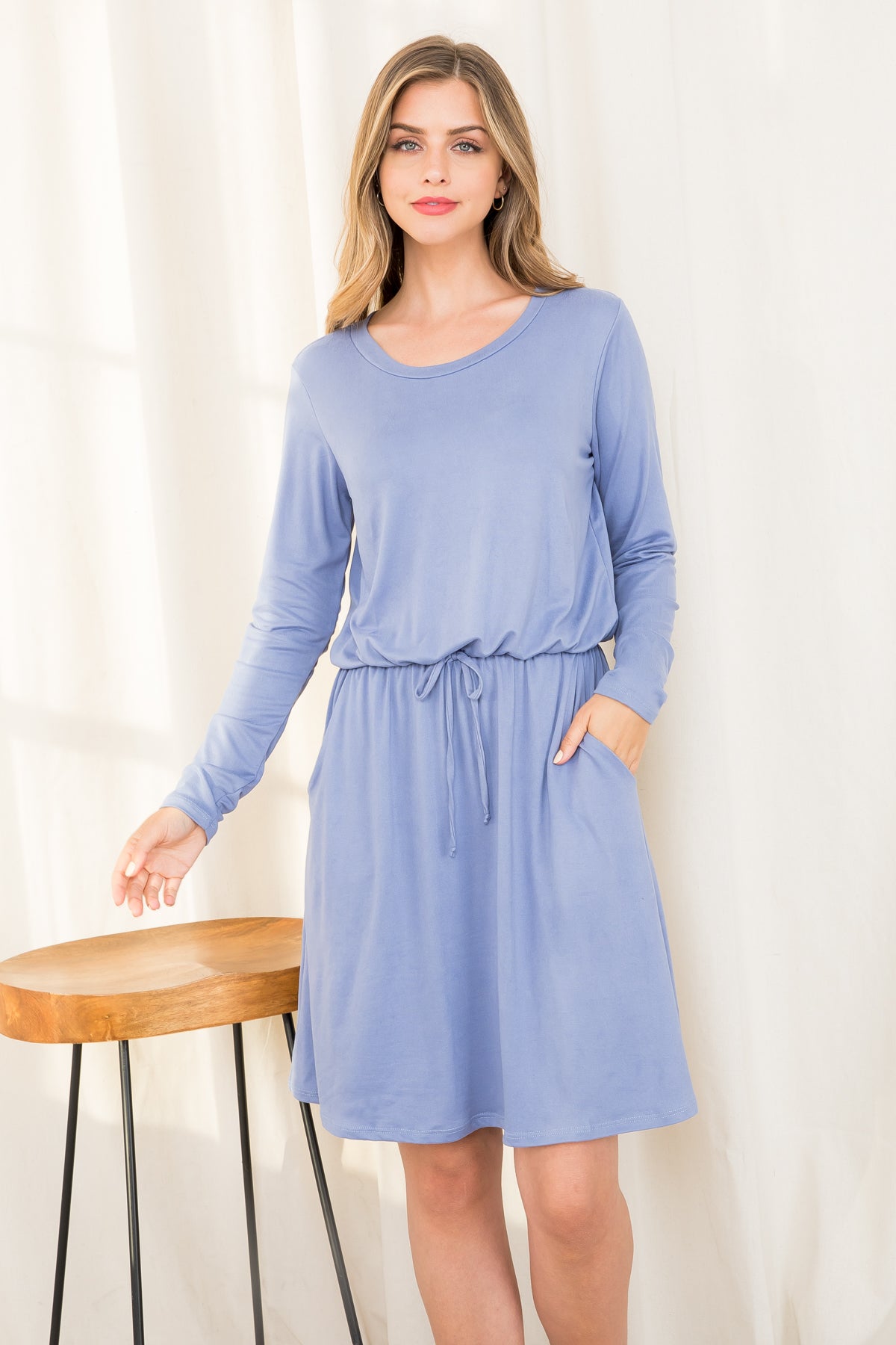 Plus Size Elastic Waist Long Sleeve Solid Dress