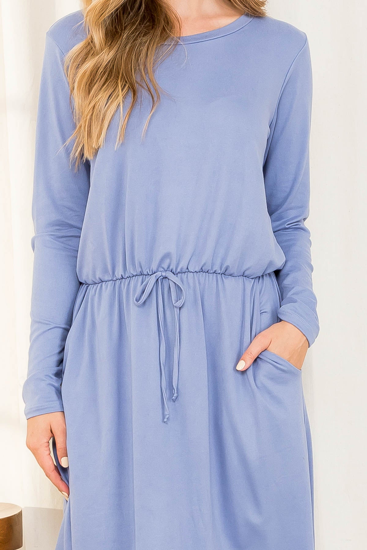 Plus Size Elastic Waist Long Sleeve Solid Dress