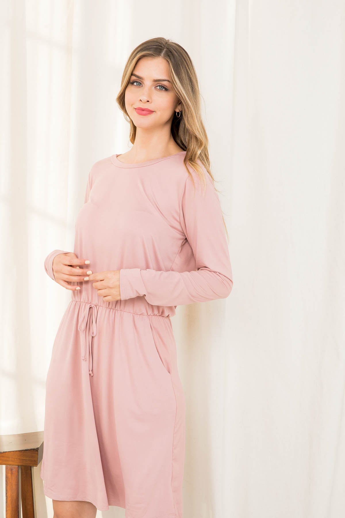 Plus Size Elastic Waist Long Sleeve Solid Dress